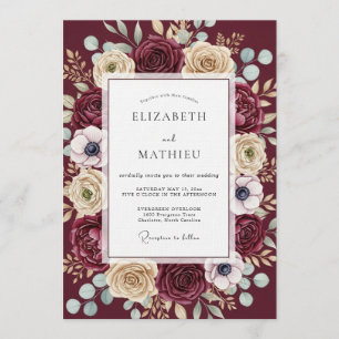 Convites Casamento Romance Floral Luxuriante Borgonha