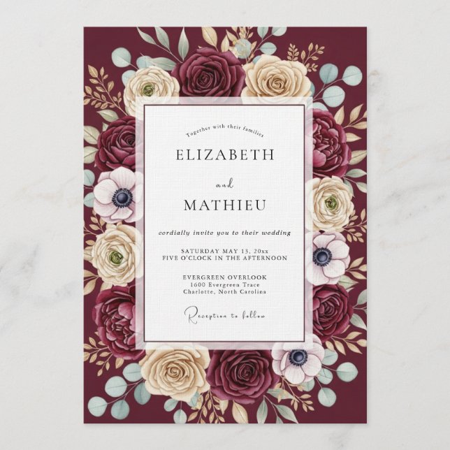 Convites Casamento Romance Floral Luxuriante Borgonha (Frente)