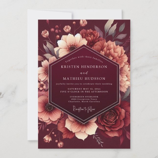 Convites Casamento Romance Floral Luxuriante Borgonha (Frente)