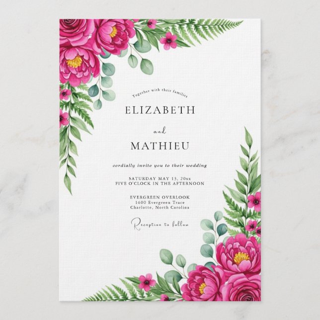 Convites Casamento Romance Floral Luxuriante Magenta (Frente)