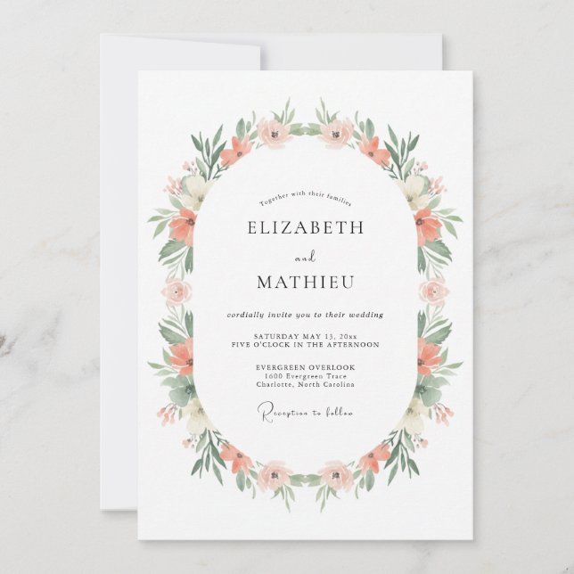 Convites Casamento Romance Floral Macio Coral (Frente)