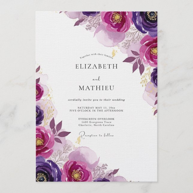 Convites Casamento Romance Floral Magenta (Frente)