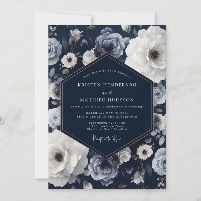 Convites Casamento Romance Floral Marinho (Frente)