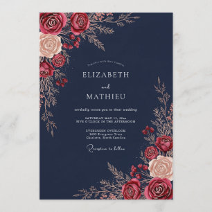 Convites Casamento Romance Floral Marinho