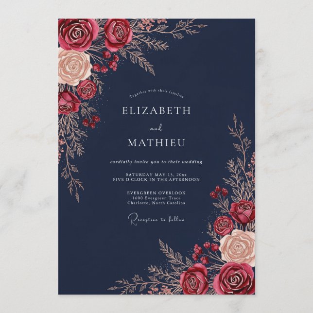 Convites Casamento Romance Floral Marinho (Frente)