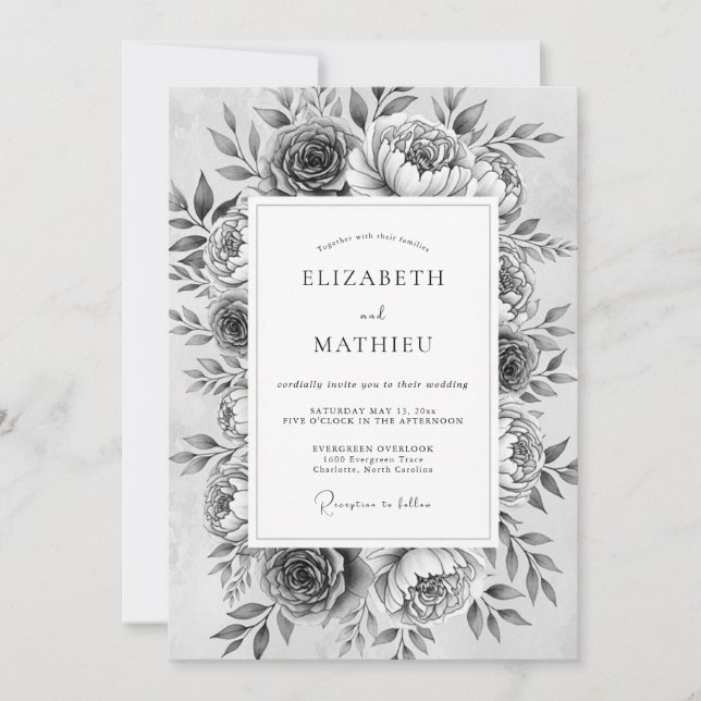Convites Casamento Romance Floral Monocromático (Frente)