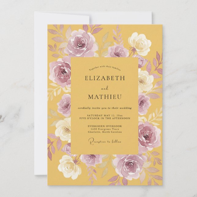 Convites Casamento Romance Floral Mostarda (Frente)