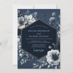 Convites Casamento Romance Floral Noturno Azul Marinho