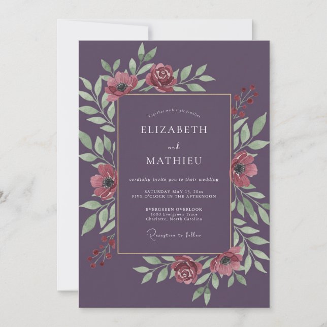 Convites Casamento Romance Floral Opulento Ameixa (Frente)
