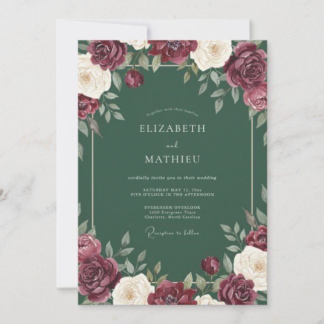Convites Casamento Romance Floral Opulento Borgonha (Frente)