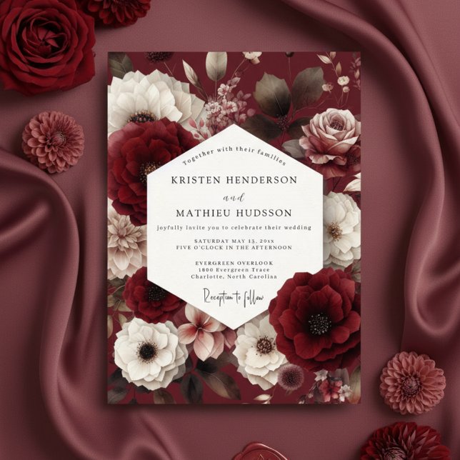 Convites Casamento Romance Floral Opulento Borgonha (Criador carregado)