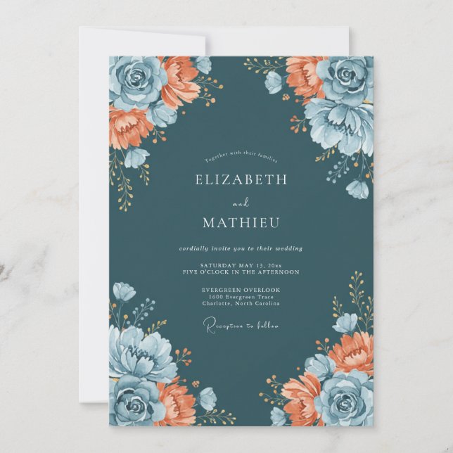 Convites Casamento Romance Floral Opulento Verde-Azul (Frente)