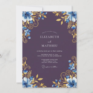 Convites Casamento Romance Floral Ouro Azul