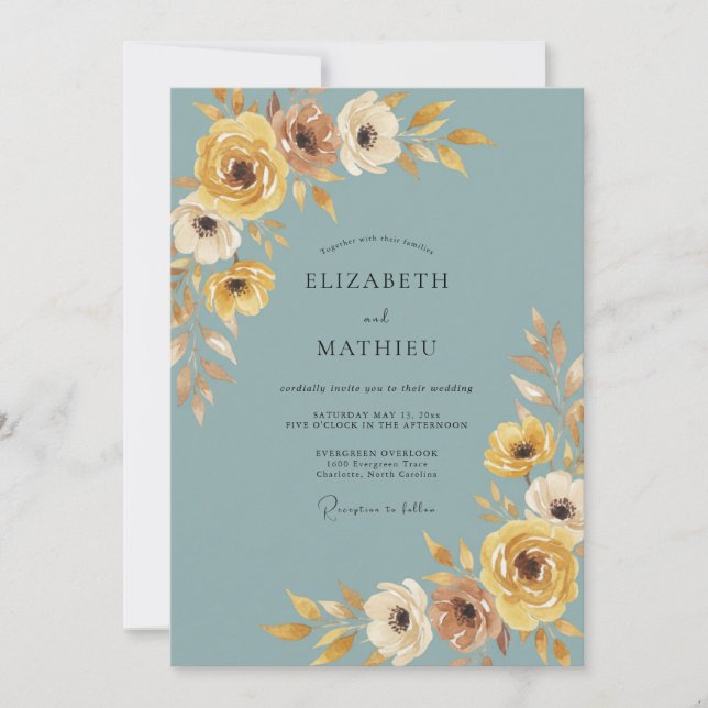 Convites Casamento Romance Floral Outonal Turquesa (Frente)