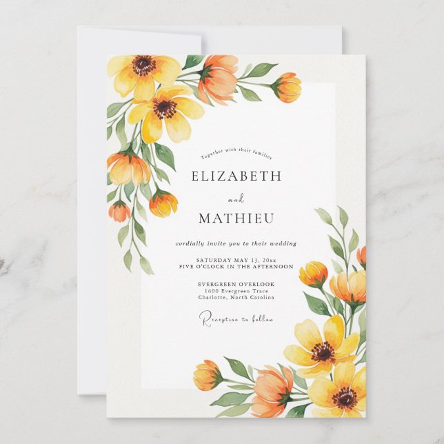 Convites Casamento Romance Floral Outono Amarelo (Frente)