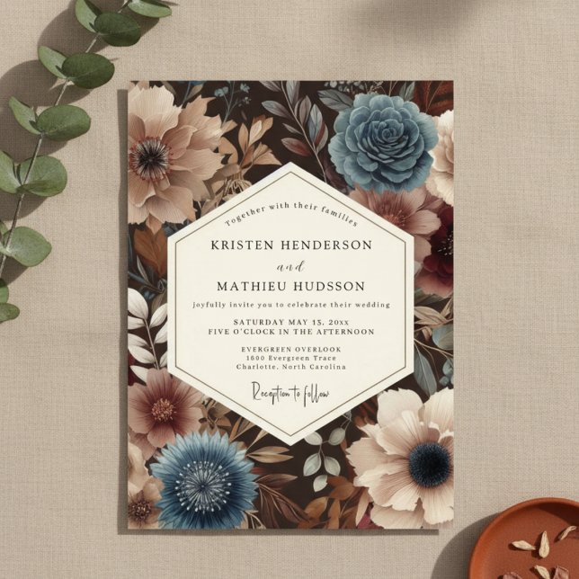 Convites Casamento Romance Floral Outono Azul-Verde (Criador carregado)