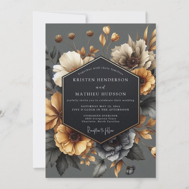Convites Casamento Romance Floral Outono Cinza (Frente)