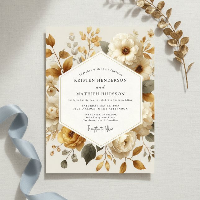 Convites Casamento Romance Floral Outono Creme (Criador carregado)