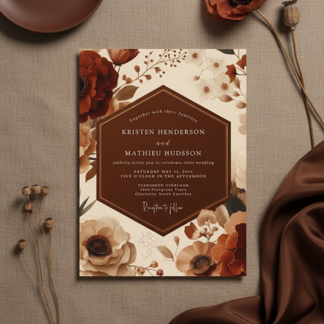 Convites Casamento Romance Floral Outono Ferrugem (Criador carregado)
