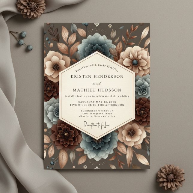 Convites Casamento Romance Floral Outono Marrom (Criador carregado)