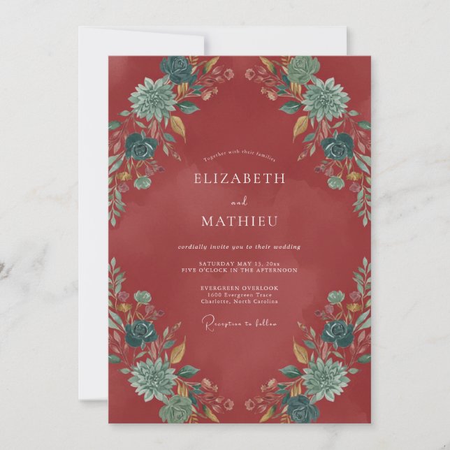 Convites Casamento Romance Floral Outono Vermelho (Frente)