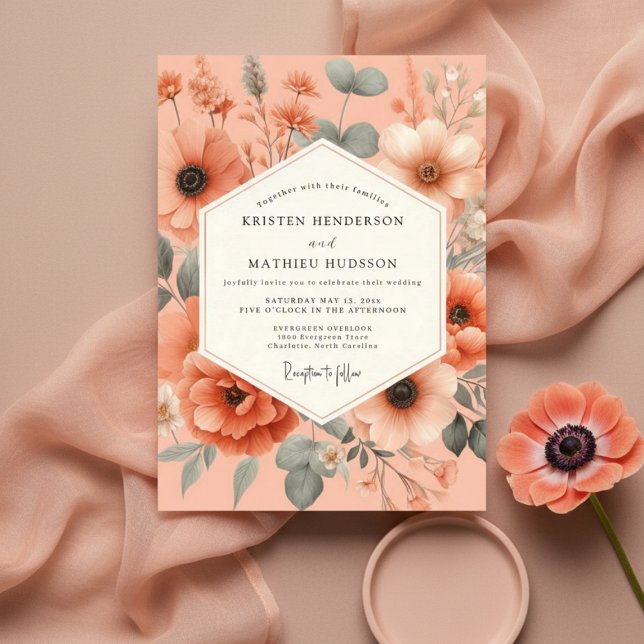 Convites Casamento Romance Floral Pêssego (Criador carregado)