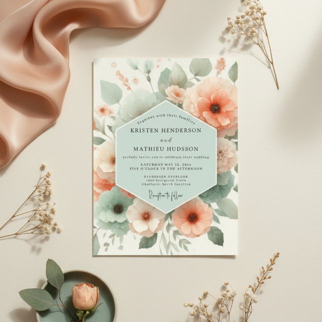 Convites Casamento Romance Floral Pêssego (Criador carregado)