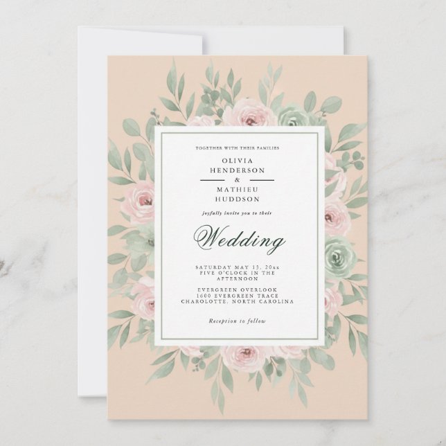 Convites Casamento Romance Floral Pêssego (Frente)