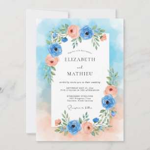 Convites Casamento Romance Floral Pêssego Azul