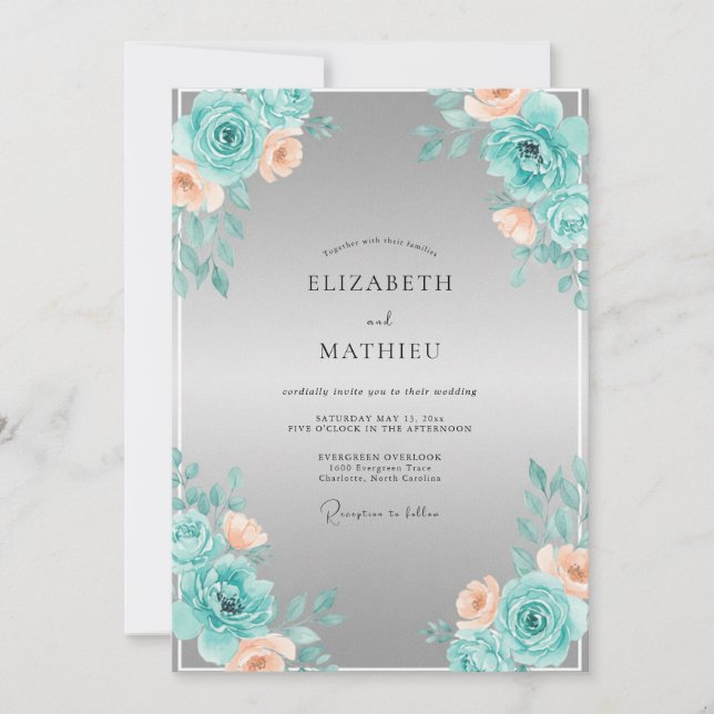 Convites Casamento Romance Floral Pêssego Azul (Frente)