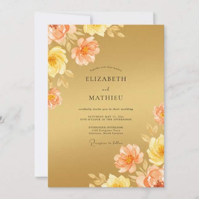 Convites Casamento Romance Floral Pêssego Dourado (Frente)