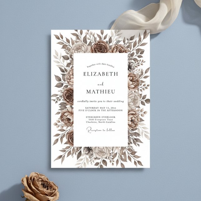 Convites Casamento Romance Floral Pincelada Marrom (Criador carregado)