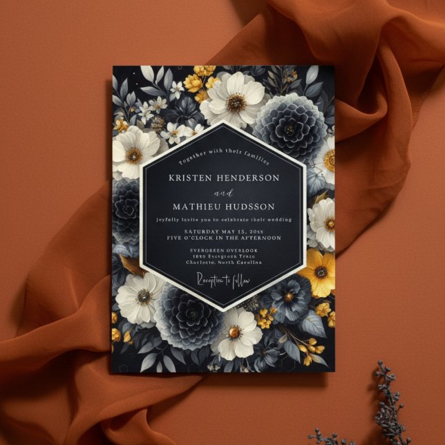 Convites Casamento Romance Floral Preto (Criador carregado)