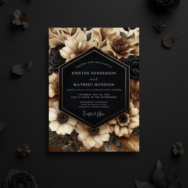 Convites Casamento Romance Floral Preto (Criador carregado)