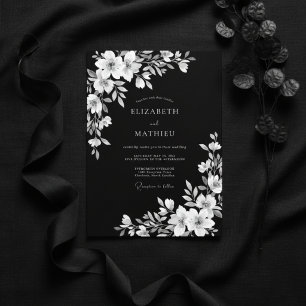 Convites Casamento Romance Floral Preto Branco