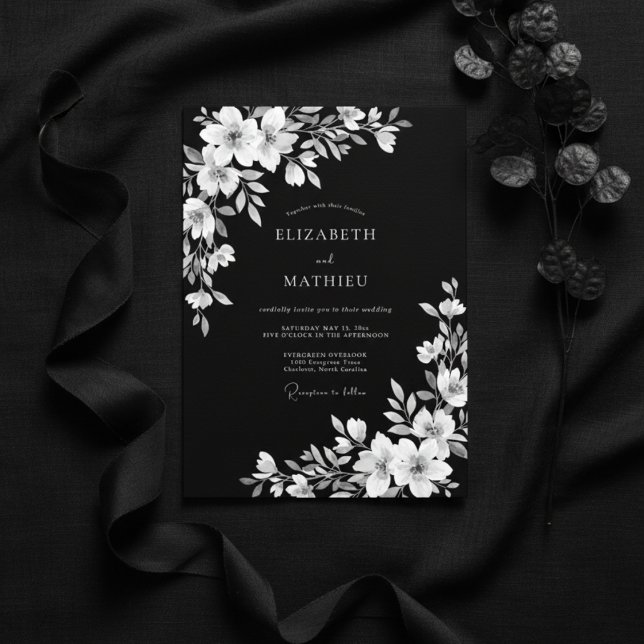 Convites Casamento Romance Floral Preto Branco (Criador carregado)