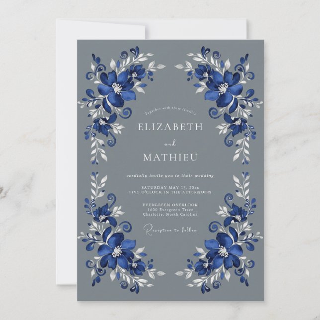 Convites Casamento Romance Floral Rico Azul (Frente)