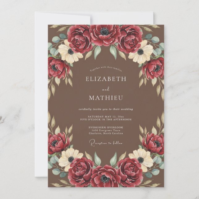 Convites Casamento Romance Floral Rico Borgonha (Frente)
