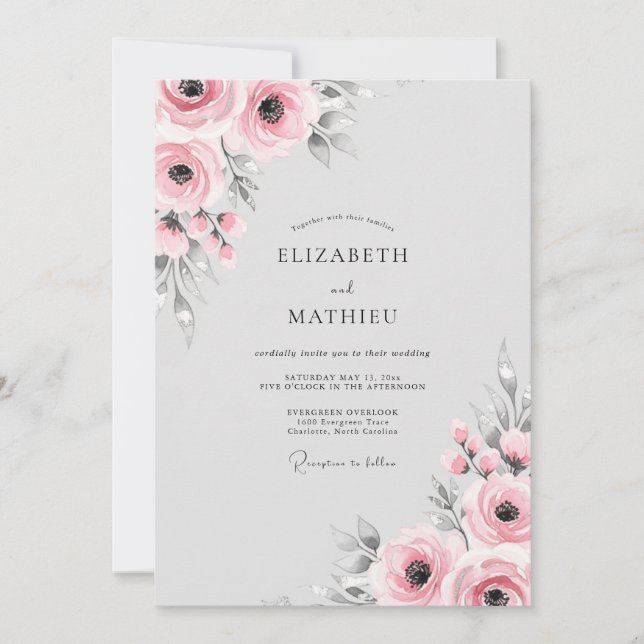 Convites Casamento Romance Floral Rosa (Frente)