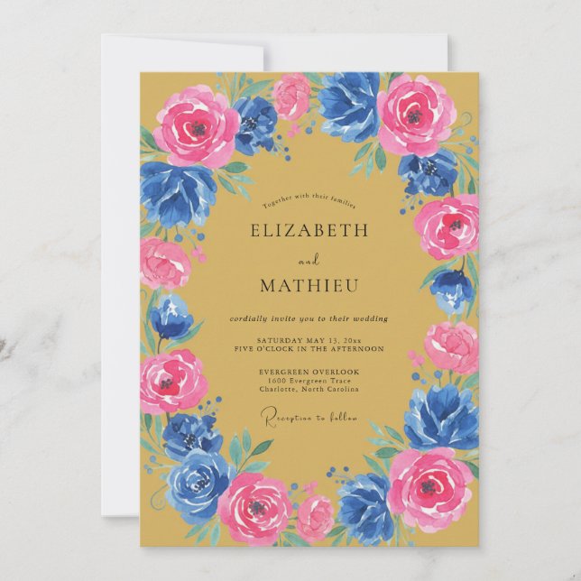 Convites Casamento Romance Floral Rosa Azul (Frente)