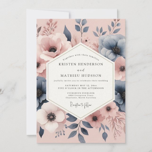 Convites Casamento Romance Floral Rosa Bege (Frente)