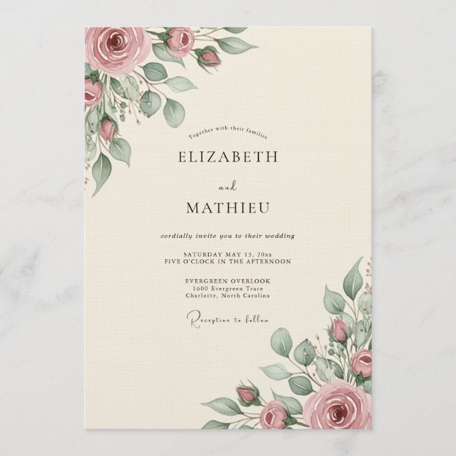 Convites Casamento Romance Floral Rosa Empoeirada (Frente)