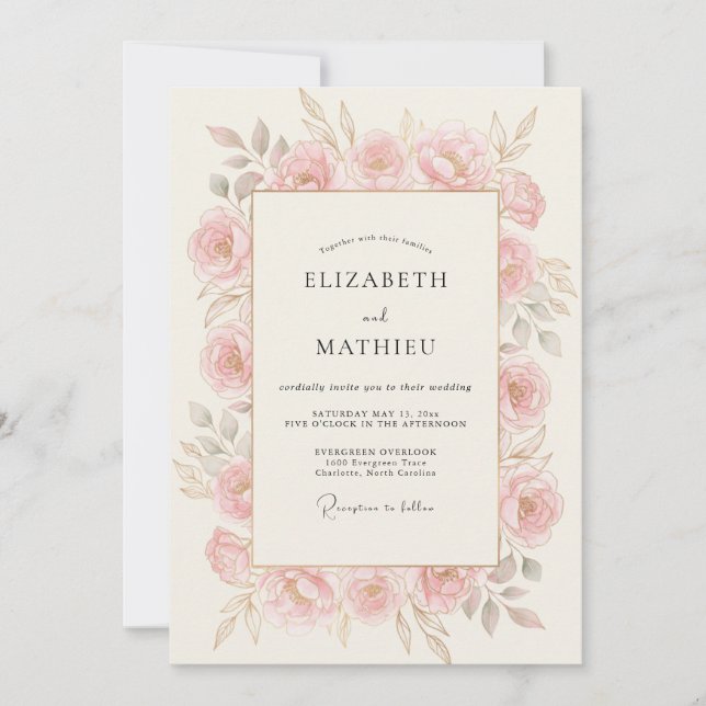 Convites Casamento Romance Floral Rosa Empoeirado (Frente)