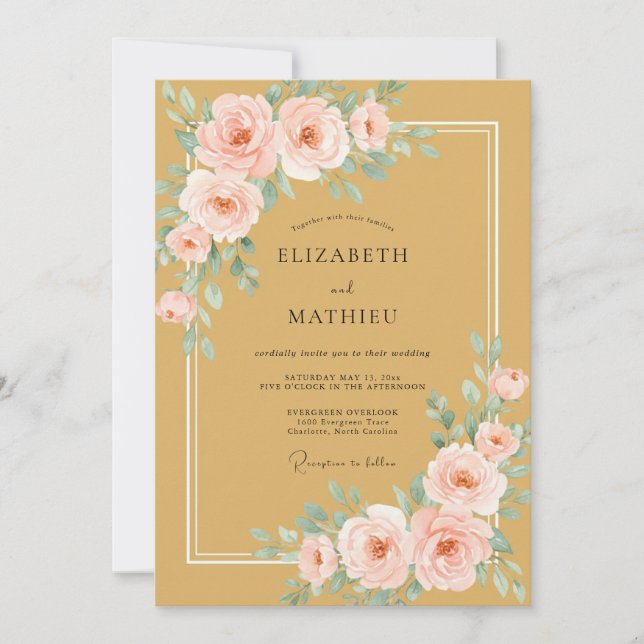 Convites Casamento Romance Floral Rosa Ocre (Frente)