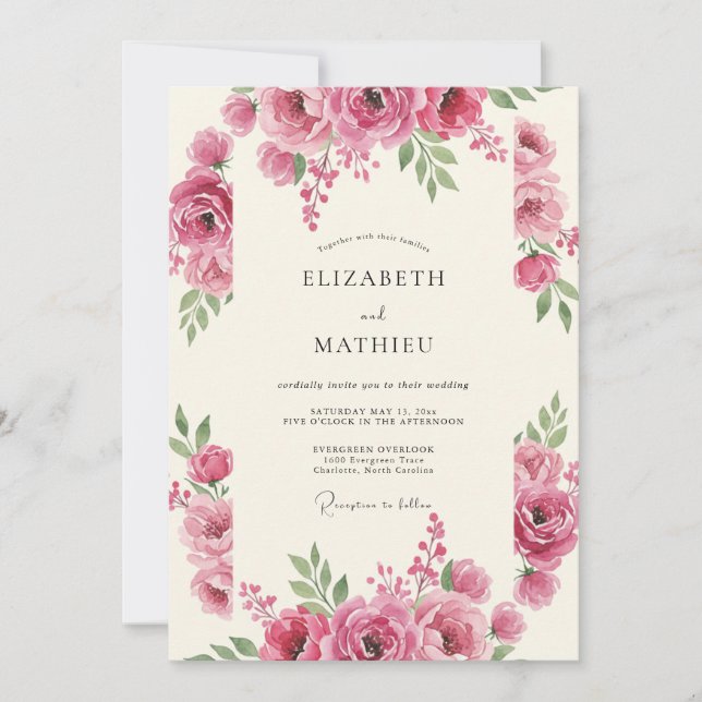 Convites Casamento Romance Floral Rosa Rosa (Frente)