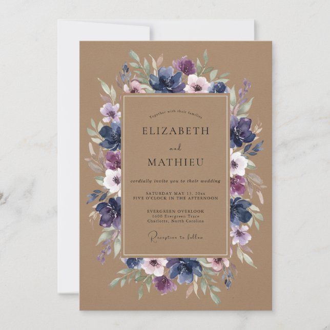 Convites Casamento Romance Floral Roxo Azul-Marinho (Frente)