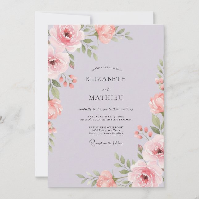 Convites Casamento Romance Floral Suave de Lavanda (Frente)