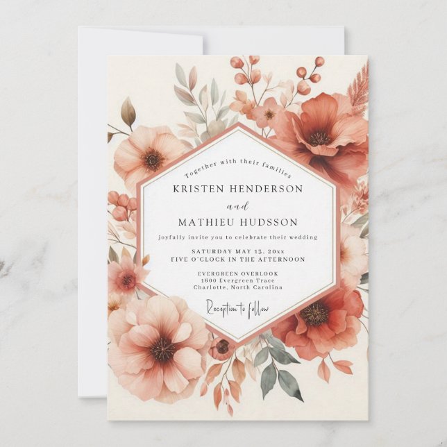 Convites Casamento Romance Floral Terracota (Frente)