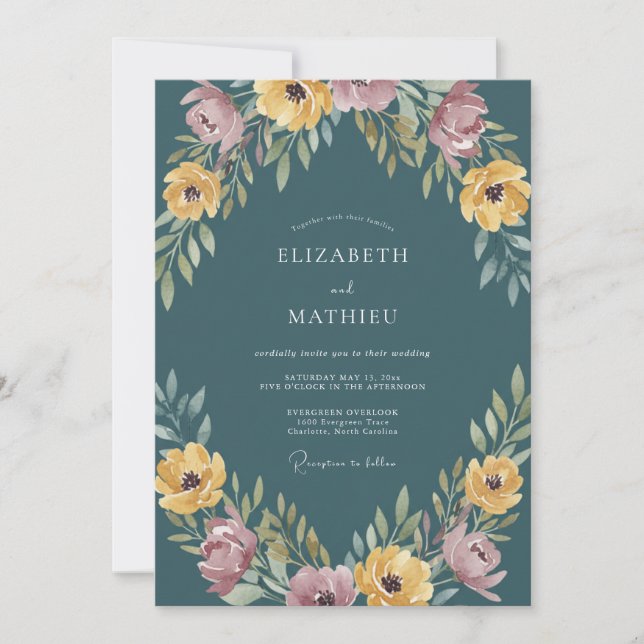 Convites Casamento Romance Floral Turquesa em Flor (Frente)