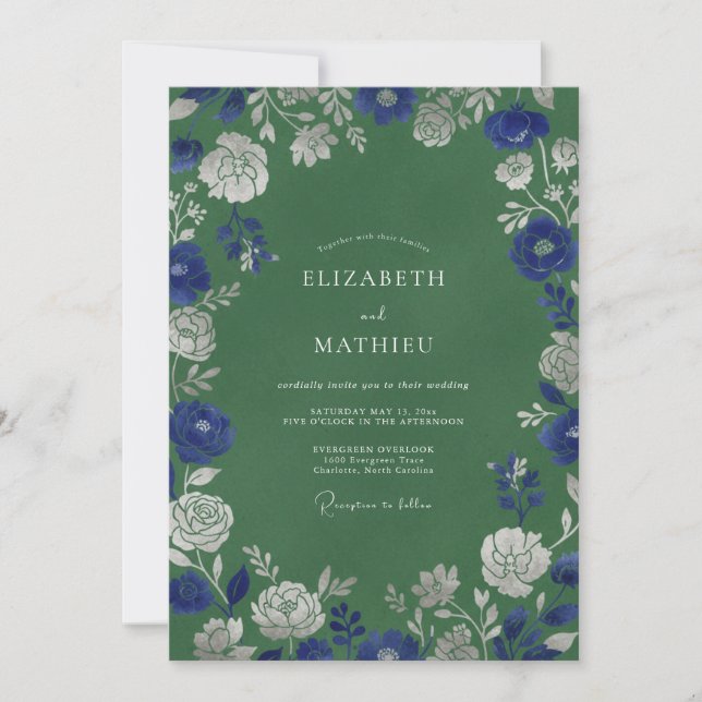 Convites Casamento Romance Floral Verde Azul (Frente)